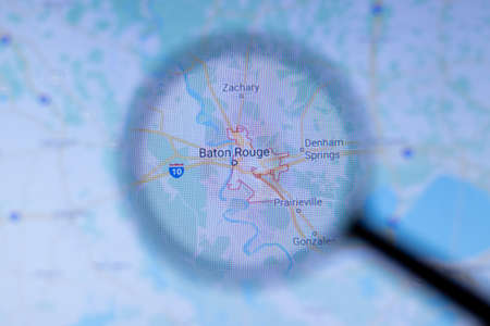 Los Angeles, California, USA - 1 May 2020: Baton Rouge City Town name with location on map close up, Illustrative Editorial.のeditorial素材
