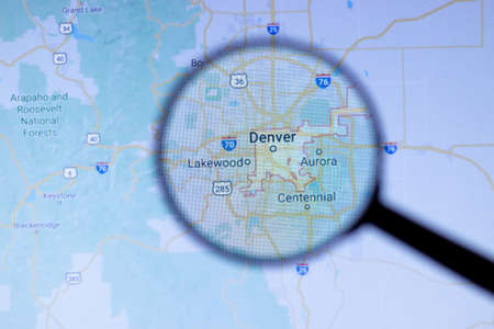 Los Angeles, California, USA - 1 May 2020: Denver City Town name with location on map close up, Illustrative Editorial.のeditorial素材