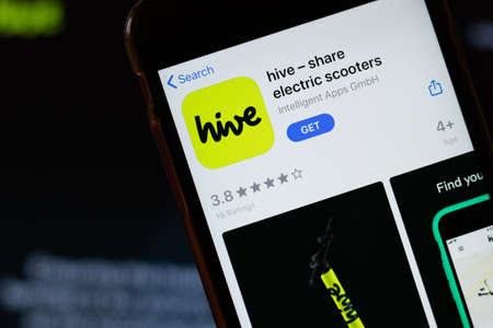 New York, USA - 15 May 2020: hive scooters mobile app logo on phone screen, close-up icon,...