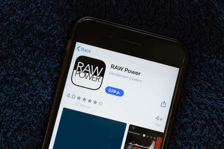New York, USA - 15 May 2020: RAW Power mobile app logo on phone screen, close-up icon, Illustrative Editorial.のeditorial素材