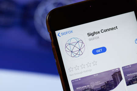 New York, USA - 15 May 2020: Sigfox Connect mobile app logo on phone screen, close-up icon, Illustrative Editorial.のeditorial素材
