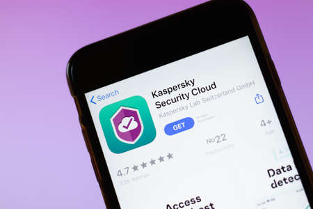 Moscow, Russia - 1 June 2020: Kaspersky Security Cloud app mobile logo close-up on screen display, Illustrative Editorialのeditorial素材