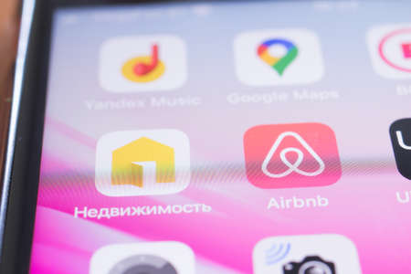 Moscow, Russia - 1 June 2020: Airbnb app logo icon macro close-up, Illustrative Editorial.のeditorial素材