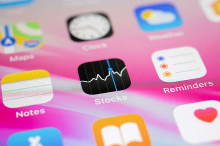 Moscow, Russia - 1 June 2020: Stocks app logo icon macro close-up, Illustrative Editorial.のeditorial素材