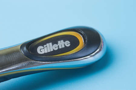 Moscow, Russia - 1 June 2020: Gillette logo on razor blade, Illustrative Editorialのeditorial素材