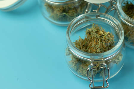 Copy space near jar with medical cannabis. Doctor receipt for marijuana.の写真素材