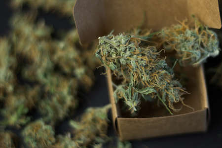 Marijuana in box close-up with copy space. Blurry cannabis background.の写真素材