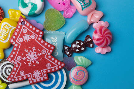 Christmas Sale concept background with copy space. Winter season holidays. Top view on toys.