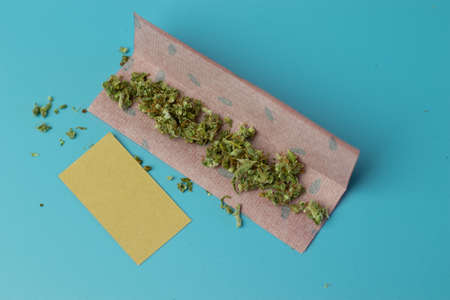 Joint paper for cannabis roll on blue background top view, marijuana smoking accessory.の写真素材