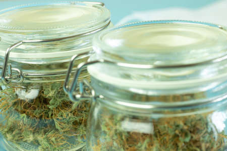 Close-up of cannabis in container. Blurry background. Medical marijuana production and selling online.の写真素材