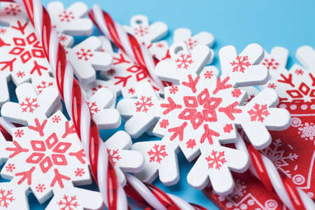 Winter holidays background with toys. New Year and Christmas design.の写真素材