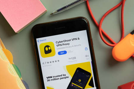 New York, USA - 27 September 2020: CyberGhost VPN Proxy mobile app logo on phone screen close up, Illustrative Editorial.のeditorial素材