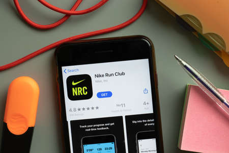 New York, USA - 29 September 2020: Nike Run Club mobile app logo on phone screen close up, Illustrative Editorial.のeditorial素材