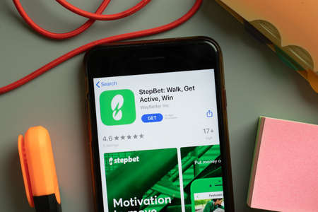 New York, USA - 29 September 2020: StepBet mobile app logo on phone screen close up, Illustrative Editorial.のeditorial素材