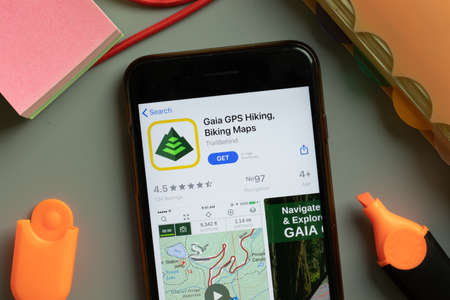 New York, USA - September 29, 2020: Gaia GPS Hiking Biking Maps mobile app logo on phone screen close up, Illustrative Editorial.のeditorial素材