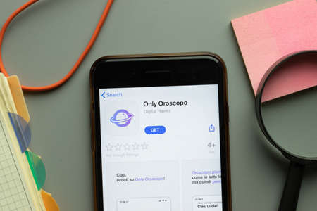 New York, USA - 26 October 2020: Only Oroscopo mobile app logo on phone screen close up, Illustrative Editorial.のeditorial素材