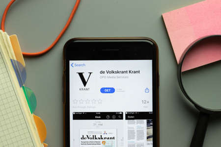 New York, USA - 26 October 2020: de Volkskrant Krant mobile app logo on phone screen close up, Illustrative Editorial.のeditorial素材