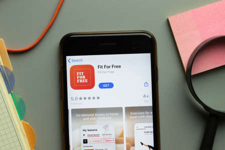 New York, USA - 26 October 2020: Fit for Free mobile app logo on phone screen close up, Illustrative Editorial.のeditorial素材