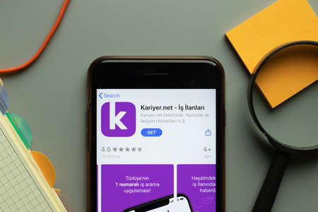 New York, USA - 26 October 2020: Kariyer.net Kariyer mobile app logo on phone screen close up,...