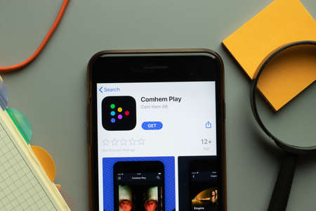 New York, USA - 26 October 2020: Comhem Play mobile app logo on phone screen close up, Illustrative Editorial.のeditorial素材