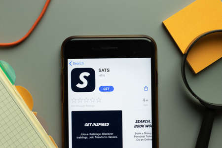 New York, USA - 26 October 2020: SATS mobile app logo on phone screen close up, Illustrative Editorial.のeditorial素材