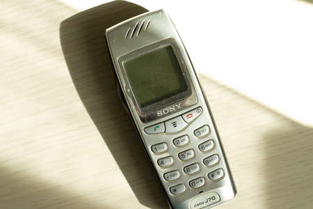 Moscow, Russia - 1 September 2020: Old vintage Sony phone top view, retro cellphone Illustrative Editorialのeditorial素材