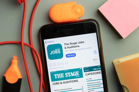 New York, United States - 7 November 2020: The Stage Jobs Auditions app store on phone screen, Illustrative Editorial.のeditorial素材