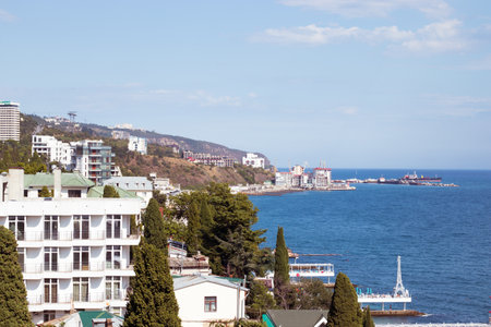 Yalta, Crimea - September 29, 2020: Black Sea shore, Yalta city coast, Illustrative Editorial.のeditorial素材