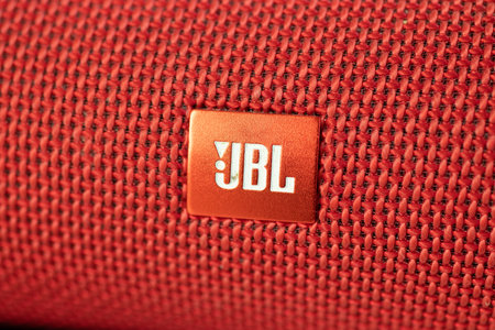 Moscow, Russia - 5 December 2020: JBL company logo close-up, Illustrative Editorial.