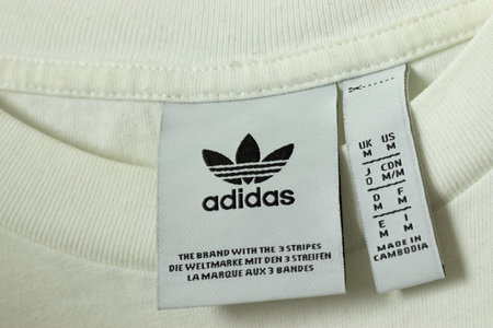 Moscow, Russia - 5 December 2020: Adidas Originals label logo close-up, Illustrative Editorial.のeditorial素材