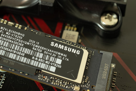 Moscow, Russia - 5 December 2020: Samsung M.2 slot SSD memory macro photo in motherboard, Illustrative Editorialのeditorial素材