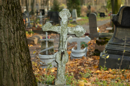 Cracked stone Christian cross in an Orthodox cemetery in autumnの写真素材