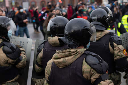 Saint Petersburg, Russia - 31 January 2021: Police force and peaceful protest, Illustrative Editorialのeditorial素材