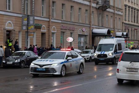 Saint Petersburg, Russia - 31 January 2021: Traffic police and police cars drive through the city streets, Illustrative Editorialのeditorial素材