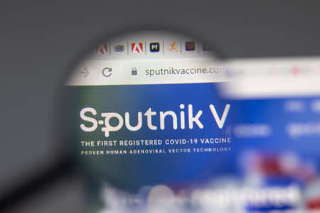 New York, USA - 15 February 2021: Sputnik V vaccine website in browser with company , Illustrative Editorialのeditorial素材