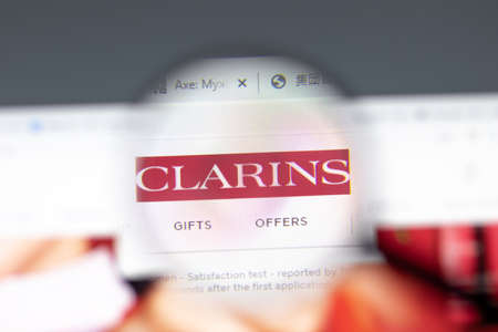New York, USA - 15 February 2021: Clarins website in browser with company logo, Illustrative...