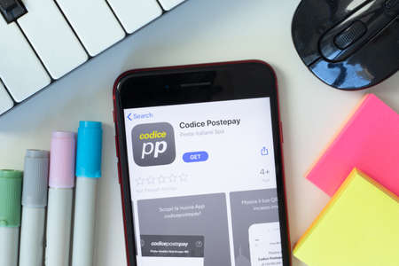 New York, USA - 2 March 2021: Codice Postepay mobile app icon on phone screen, Illustrative Editorialのeditorial素材