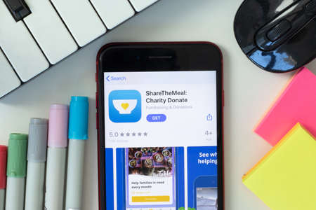 New York, USA - 2 March 2021: ShareTheMeal: Charity Donate mobile app icon on phone screen,...