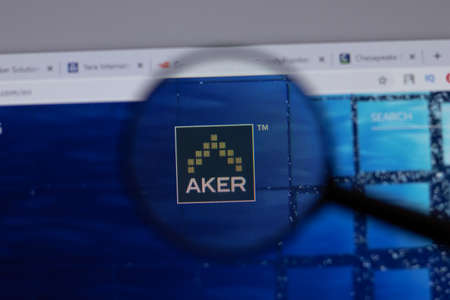 New York, USA - 18 March 2021: Aker company logo icon on website, Illustrative Editorial