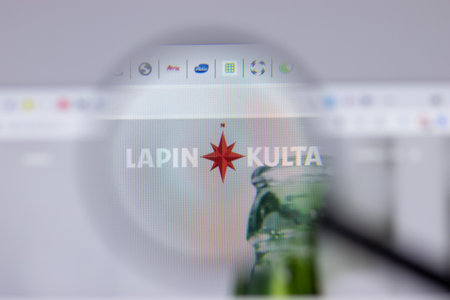 New York, USA - 26 April 2021: Lapin Kulta logo close-up on website page, Illustrative Editorialのeditorial素材