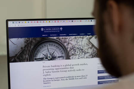 New York, USA - 1 May 2021: J Safra Sarasin company website on screen, Illustrative Editorial