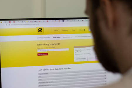 New York, USA - 1 May 2021: Deutsche Post company website on screen, Illustrative Editorial