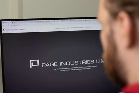 New York, USA - 1 May 2021: Page Industries company website with logo on screen, Illustrative...