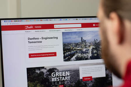 New York, USA - 1 May 2021: Danfoss company website with logo on screen, Illustrative Editorial