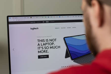 New York, USA - 1 May 2021: Logitech company website with logo on screen, Illustrative Editorial