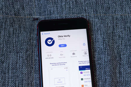 New York, USA - 1 June 2021: Okta Verify mobile app logo on phone screen, close-up icon,...