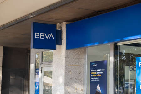 Barcelona, Spain - 5 November 2021: Banco Bilbao Vizcaya Argentaria BBVA bank sign, Illustrative Editorial.のeditorial素材