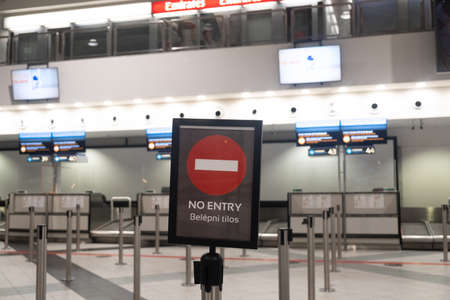 Budapest, Hungary - 1 November 2021: No Entry sign in airport terminal, Illustrative Editorial.のeditorial素材