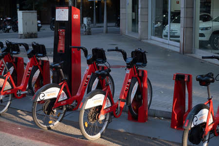 Barcelona, Spain - 5 November 2021: bicing bike and bicycle station, Illustrative Editorial.