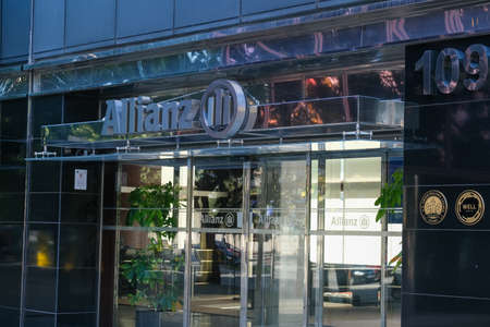 Barcelona, Spain - 5 November 2021: Allianz company office, building entrance with sign,...